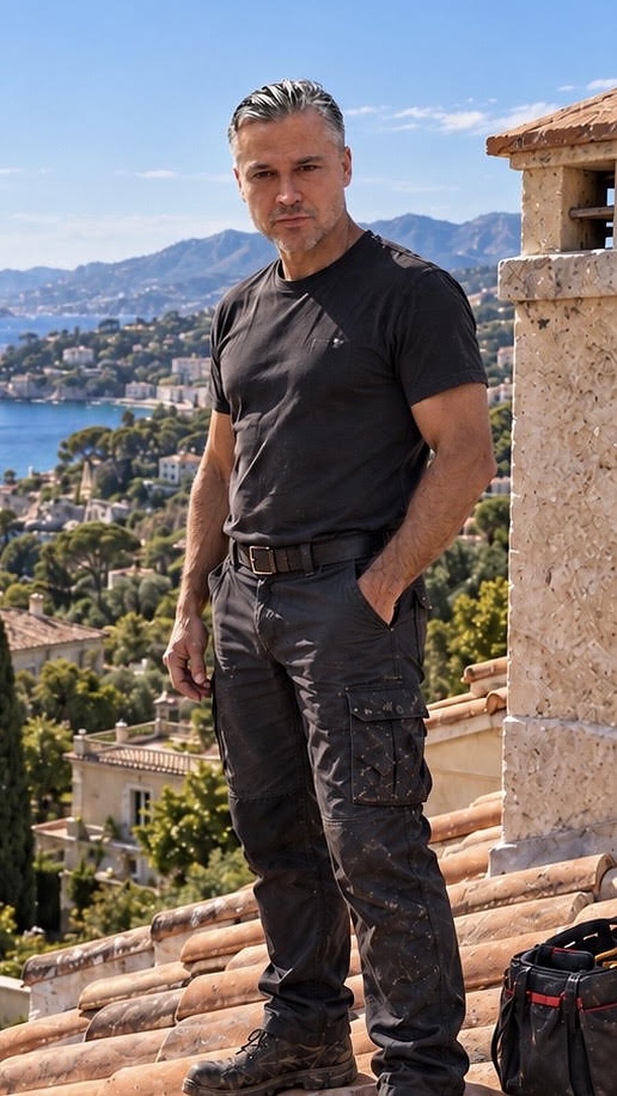 Ghin Dujardin, Maître Compagnon couvreur, sur une toiture de tuiles au-dessus de la Côte d'Azur